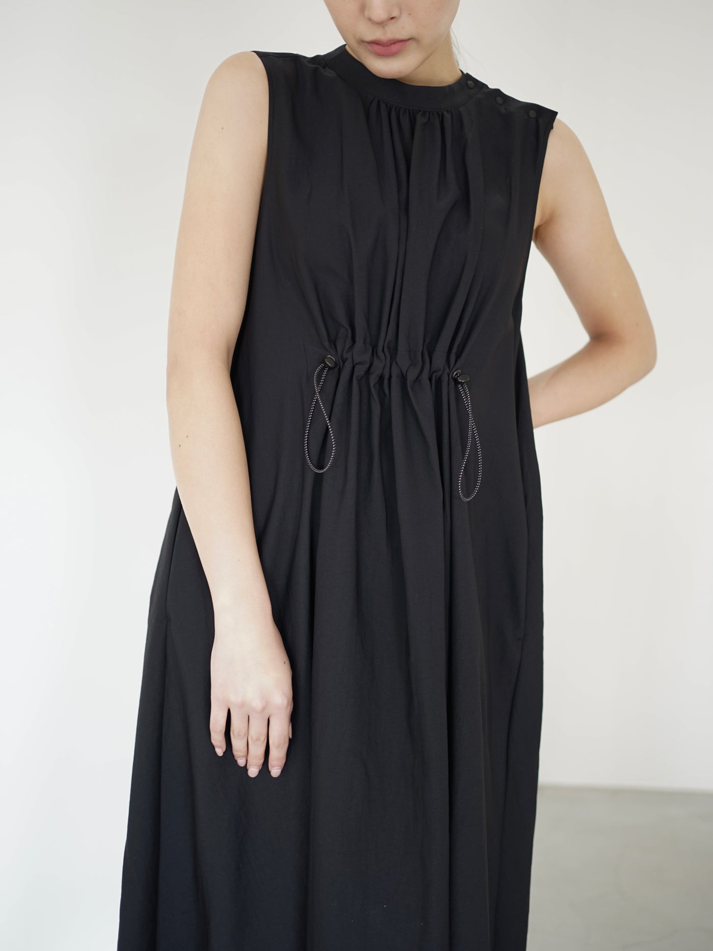 Nylon twill gathered sleeveless dress